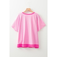 Bright Pink Colorblock Patchwork Short Sleeve Buttons Plus Size Henley Top - 2X thumbnail