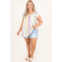 White Stripe Ruffled Sleeve Square Neck Plus Size Blouse - 1X thumbnail