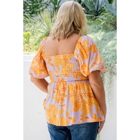 Purple Floral Puff Sleeve Square Neck Smocked Plus Size Babydoll Blouse - 2X thumbnail