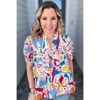 White Abstract Print Shirred Cuff Puff Sleeve Plus Size Blouse - 1X thumbnail