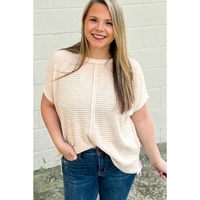 Beige Waffle Exposed Seam Detail Plus Size Short Sleeve Top - 1X thumbnail
