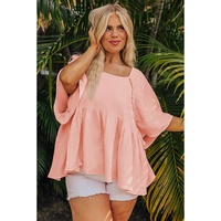 Apricot Pink Plus Size Textured Wide Short Sleeve Babydoll Blouse - 1X thumbnail