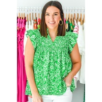 Green Floral Flutter Sleeve Shirred Notched Neck Plus Size Blouse - 4X thumbnail