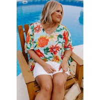 Sky Blue Plus Size Floral Print V Neck Batwing Sleeve Blouse - 4X thumbnail