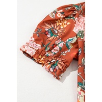 Brown Floral Stitched V Neck Frilled Trim Puff Short Sleeve Blouse - 1X thumbnail