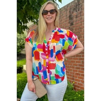 Colorful Brush Stroke Printed Plus Size Button Split Neck Blouse - 2X thumbnail
