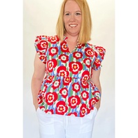 Red Plus Size Floral Print Ruffle Trim Split Neck Peplum Top - 1X thumbnail