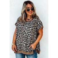 Khaki Leopard Contrast Trim Short Sleeve Loose Plus Size Top - 1X thumbnail