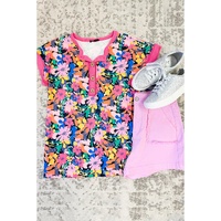 Rose Floral Short Sleeve Contrast Edge Plus Size Henley Top - 1X thumbnail