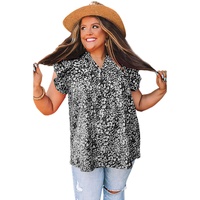 Black Rose Floral Print Ruffle Sleeve Plus Size Shift Top - 5X thumbnail
