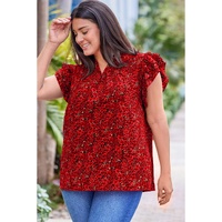 Fiery Red Rose Floral Print Ruffle Sleeve Plus Size Shift Top - 3X thumbnail