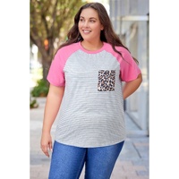 Stripe Leopard Patch Pocket Plus Size Raglan Sleeve Tee - 2X thumbnail