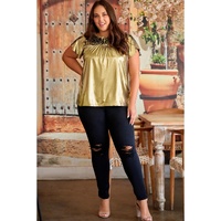 Gold Plus Size Floral Embroidered Short Sleeve Top - 2X thumbnail