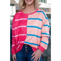 Rose Stripe Color Block Crewneck Long Sleeve Plus Size T Shirt - 3X thumbnail
