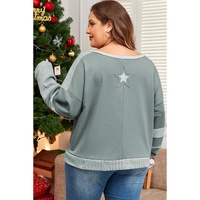 Mist Green Stars Patchwork Round Neck Plus Size T Shirt - 2X thumbnail