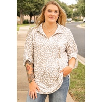 Apricot Leopard Tab Sleeve V Neck Plus Size Top - 1X thumbnail