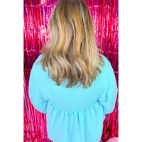 Turquoise Cordrd Balloon Sleeve Collar Plus Babydoll Top - 4X thumbnail