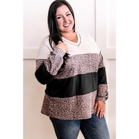 Black Leopard Print Colorblock V Neck Long Sleeve Plus Size Top - 1X thumbnail