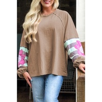 Light French Beige Flower Striped Patchwork Puff Sleeve Loose Sweatshirt - 1X thumbnail