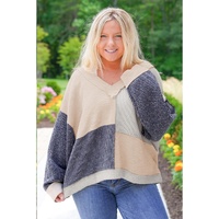 Ashleigh Blue Plus Size Textured Colorblock Patchwork V Neck Top - 4X thumbnail