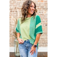 Green Stripe Patchwork Colorblock Plus Size T Shirt - 1X thumbnail