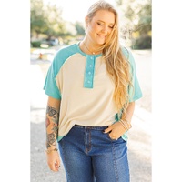 Mint Green Color Block Raglan Sleeve Buttoned Plus Size T Shirt - 2X thumbnail