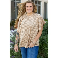 Khaki Checkerboard Short Batwing Sleeve Round Neck Plus Size T Shirt - 1X thumbnail