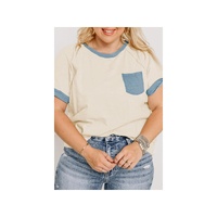 Beige Raw Seam Contrast Color Patchwork Plus Size Top - 2X thumbnail