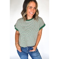 Green Stripe Trimmed Round Neck Plus Size Boxy Fit T-shirt - 1X thumbnail