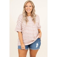 Pink Stripe Waffle Knit Pocketed Half Sleeve Plus Size T Shirt - 1X thumbnail