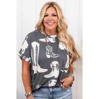 Gray Plus Size Western Boots Print Crew Neck T Shirt - 4X thumbnail