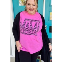 Bright Pink Checker MAMA Letter Printed Graphic Plus Size T Shirt - 1X thumbnail