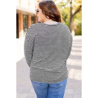 Black Stripe Drop Shoulder Puff Long Sleeve O Neck Plus Size T Shirt - 1X thumbnail
