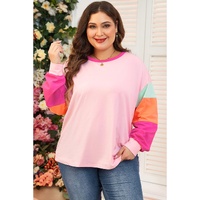 Pink Colorblock Patchwork Long Sleeve Plus Size Top - 1X thumbnail