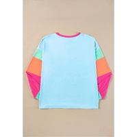 Dark Blue Colorblock Patchwork Long Sleeve Plus Size Top - 1X thumbnail