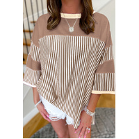 Khaki Stripe Patchwork Bracelet Sleeve Plus Size T Shirt - 3X thumbnail