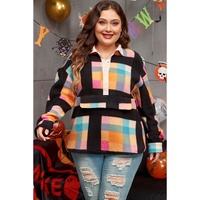 Black Plus Size Checkered Print Sherpa Henley Sweatshirt - 1X thumbnail