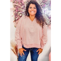 Pink Raw Cut Notched Neck Plus Size French Terry Hoodie - 1X thumbnail