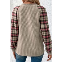 Apricot Plus Size Plaid Raglan Sleeve Crew Neck Sweatshirt - 2X thumbnail