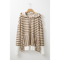 Brown Stripe Quarter Buttons Drop Sleeve Plus Size Hoodie - 1X thumbnail
