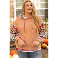 Khaki Aztec Patchwork Waffle Knit Plus Size Hoodie - 2X thumbnail