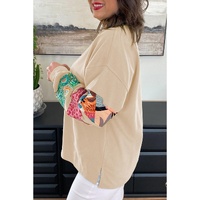 Beige Plus Size Printed Patchwork Sleeve Split Sweatshirt - 4X thumbnail