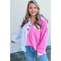 Bonbon Color Block Chest Pockets Half Button Plus Size Sweatshirt - 4X thumbnail