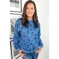 Sky Blue Leopard Ribbed Edge Drop Shoulder Pullover Sweatshirt - 4X thumbnail