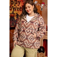 Red Plus Size Western Fashion Aztec Patterned Half Zip High Neck Hoodie - 3X thumbnail