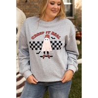 Light Grey Creep It Real Ghost Print Plus Size Sweatshirt - 2X thumbnail
