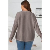 Simply Taupe Waffle Knit Drop Shoulder Button V Neck Plus Size Top - 1X thumbnail
