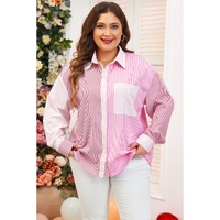 Pink Stripe Print Colorblock Plus Size Shirt - 3X thumbnail