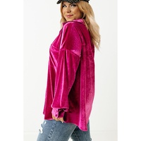 Bright Pink Plus Size Velvet Chest Pocket Drop Shoulder Shirt - 4X thumbnail