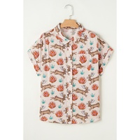 Khaki Plus Size Western Pattern Print Buttoned Short Sleeve Shirt - 2X thumbnail